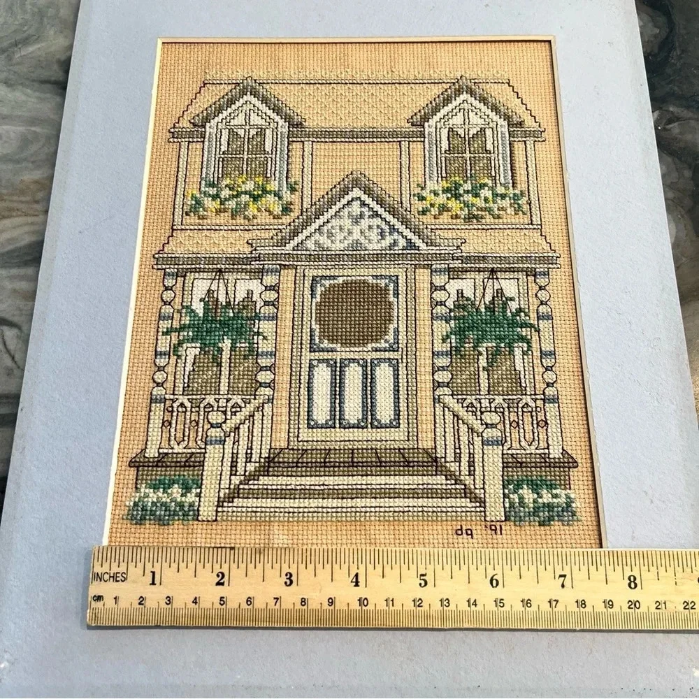 Vintage Cross Stitch Victorian House With Ferns Signed Dated - Picture 6 of 11